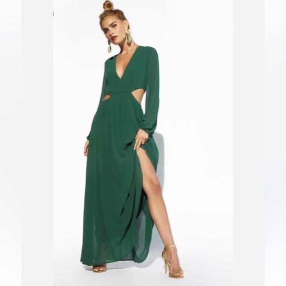 Forever 21 Dark Green Chiffon Plunge Cut Out Maxi Long Dress Size S - Picture 1 of 10